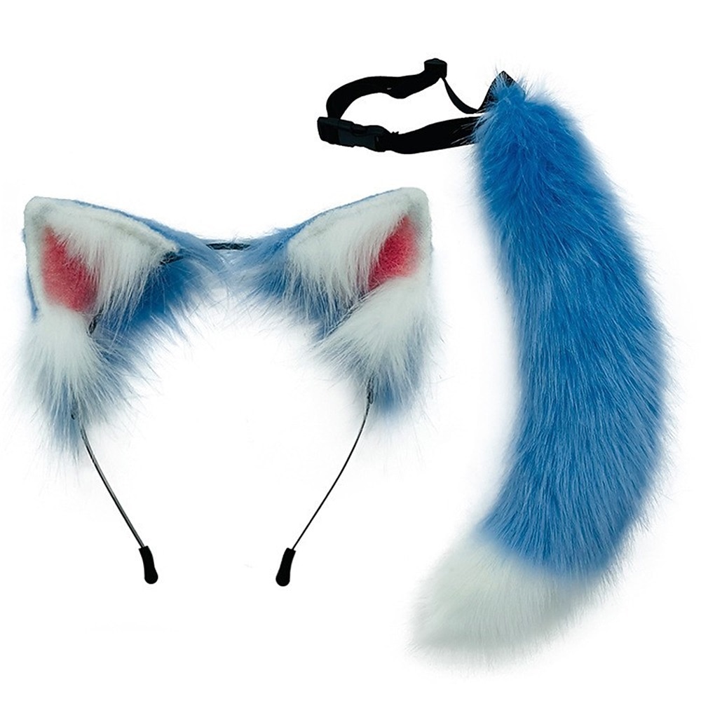 Conjunto de orejas y cola de bestia simulada, bonita cola de zorro de peluche, banda para el pelo con oreja de Lobo ajustable, accesorios para orejas de zorro 2025 - $30.99 –P1