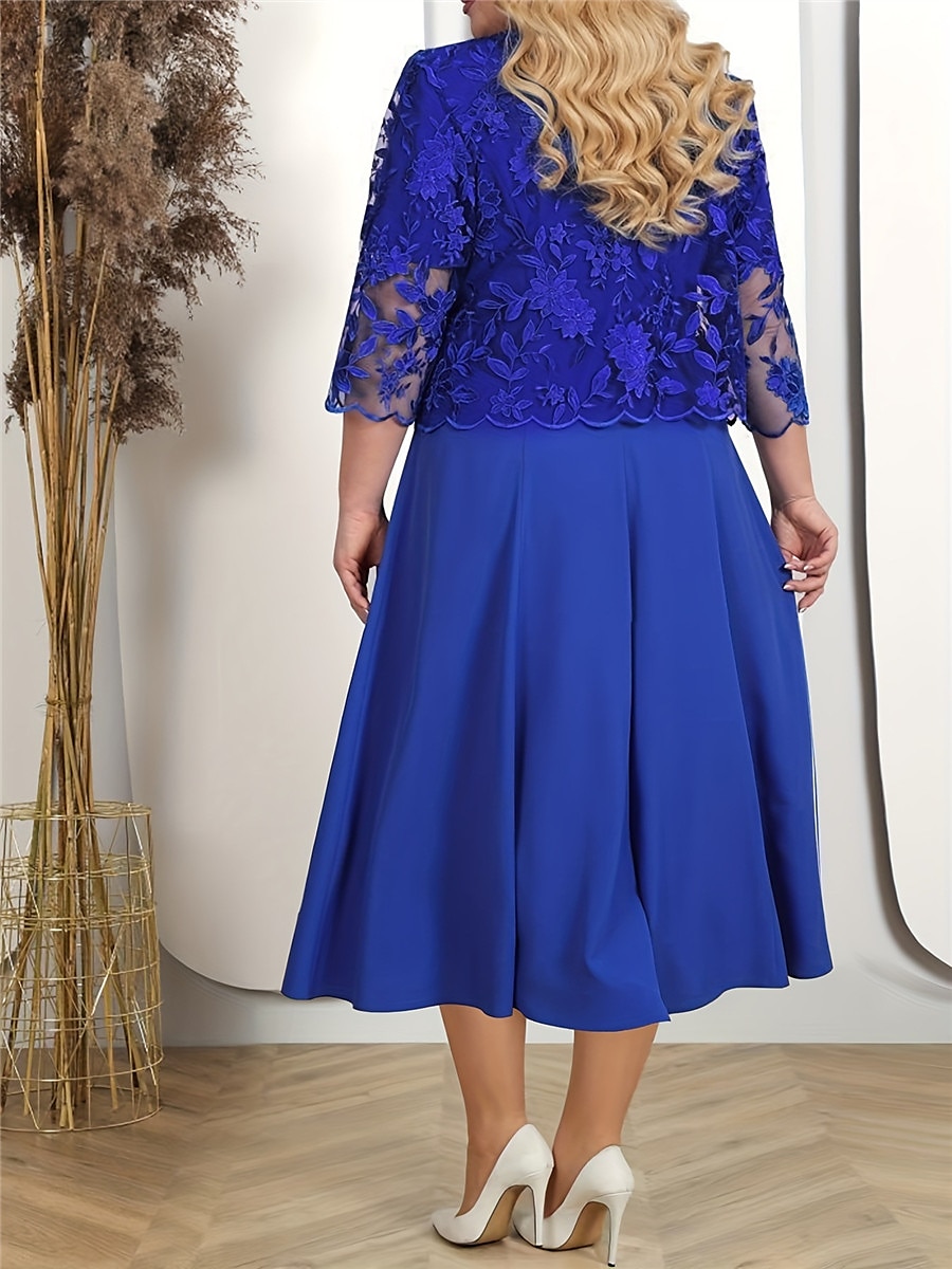 Women's Plus Size Two Piece Dress Set Lace Dress Party Dress Semi Formal Dress Party Wedding Guest Elegant Fashion Lace Embroidered Long Dress Maxi Dress Crew Neck 3/4 Length Sleeve Plain Regular Fit 2024 - $46.99 –P2