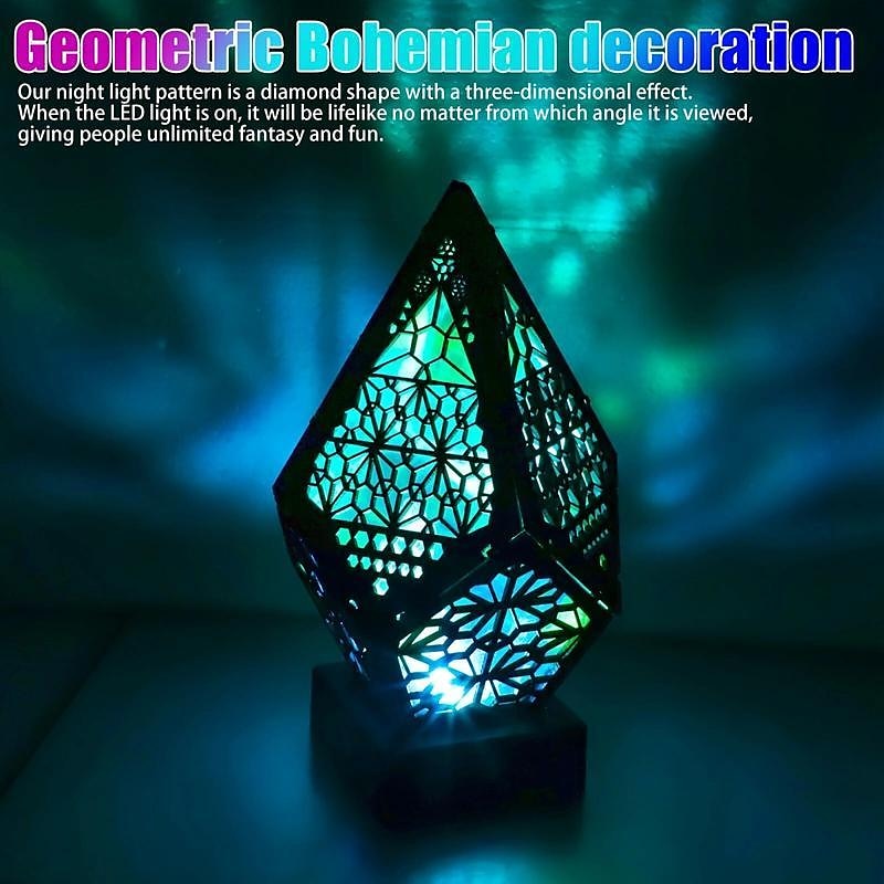 Wooden Bohemian Floor Lamp, USB Charging Hollow Geometric Colorful Lamp Retro Bohemian Light Lamp, LED Colorful Diamond Shaped Lights 3D Projection Night Lamp Desk Lamp Home Decor 2025 - $19.99 –P4