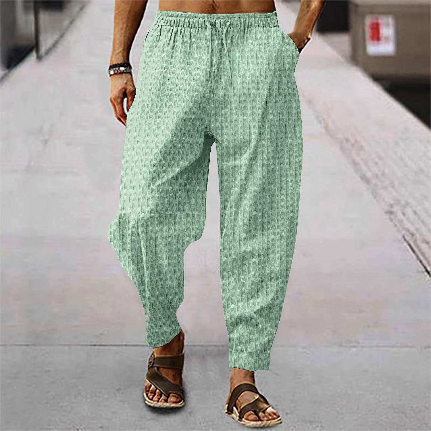 Men's Trousers Summer Pants Baggy Pants Pocket Drawstring Elastic Waist Stripe Full Length Casual Daily Fashion Classic Style Loose Fit Dark Brown Dark Khaki Inelastic 2025 - $15.49 –P1