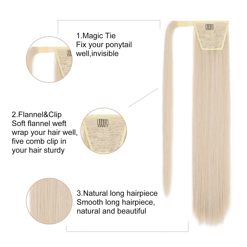 28 inch clip in ponytail extension wrap around lang steil paardenstaarthaar synthetisch haarstukje voor dames kleur blond met lichtgouden highlights 2026 - $11.99 –P4