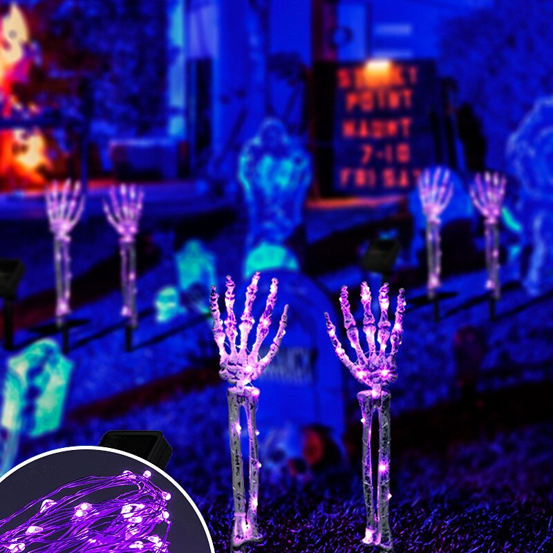 3-pakning realistisk utseende skjelettstaker kirkegård hage plen staker halloween skjelett lys opp halloween dekorasjoner skjelett hender hode gårdsstake med lysstrenger for hage varm hvit / lilla 2025 - $28.99 –P11