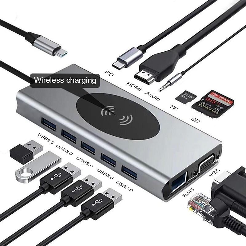 13 IN 1 USB C HUB Adapter with Wireless Charging USB C To HDMI 3.5mm Jack Audio SD TF HDMI VGA RJ45 USB3.0 Docking Station for MacbookPRO 2025 - $68.99 –P1