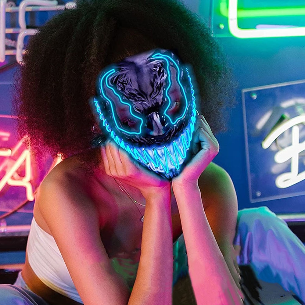Mask Halloween LED Light Up Mask for Adults Kids Dark and Evil Glowing Eyes Neon Mask with 3 Lighting Modes EL Wire - Ideal Gift for Men Women Halloween Costume Party 2025 - $12.99 –P7