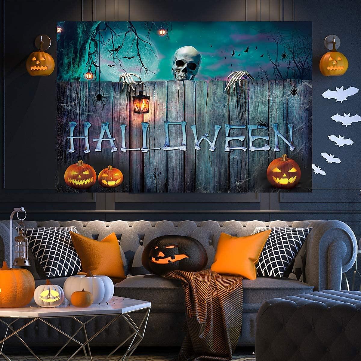 halloween dekorációk gobelin jack o lámpás tök dekor fal művészet nagy függő gobelin falfestmény dekoráció fénykép háttér takaró függöny otthon hálószoba nappali denevér kísértetház temető 2025 - GBP £8.99 –P7