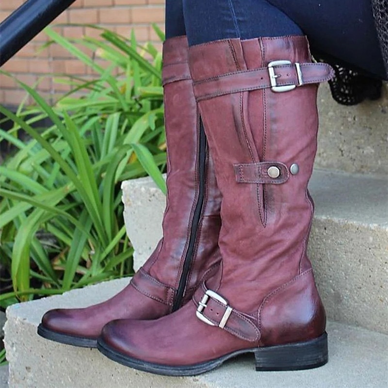 Women's Purple Faux Leather Knee-High Boots with Buckle Straps and Side Zipper, Vintage Style Motorcycle Boots for Outdoor and Casual Wear 2025 - $59.99 –P4