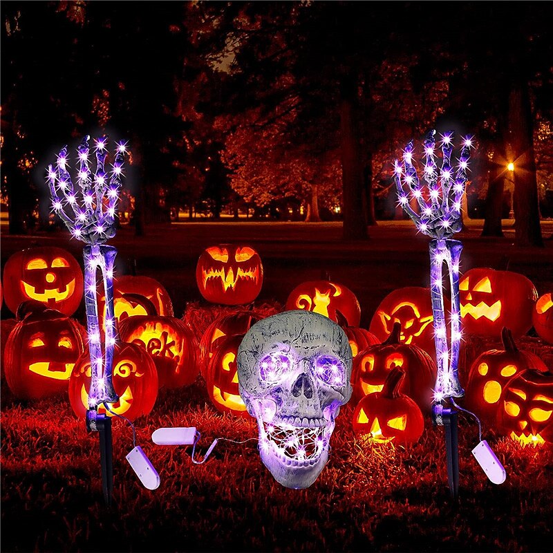 3-pakning realistisk utseende skjelettstaker kirkegård hage plen staker halloween skjelett lys opp halloween dekorasjoner skjelett hender hode gårdsstake med lysstrenger for hage varm hvit / lilla 2025 - $28.99 –P7