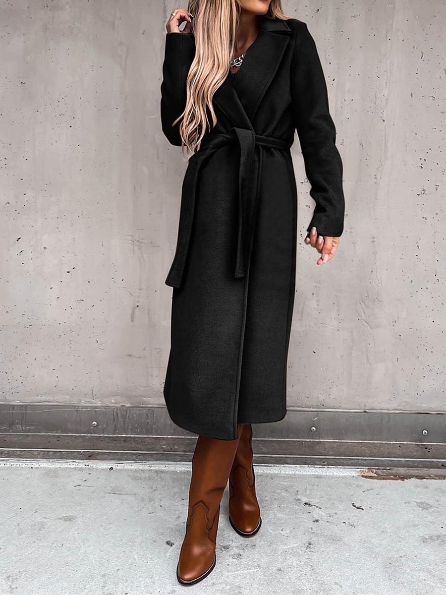 Women's Winter Coat Long Overcoat with Belt Fall Lapel Pea Coat with Pockets Trench Coat Fashion Street Wear Formal Jacket Long Sleeve  Black White Yellow 2023 - US $36.99 –P11