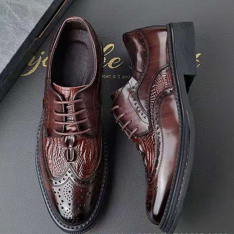 férfi barna brogue bőr oxford cipő - krokodil dombornyomott minta, fűzős kivitel, formális rendezvényekre tökéletes 2025 - $46.99 –P1