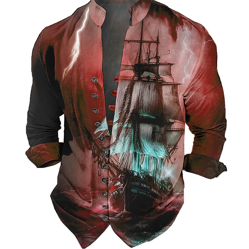 Men's Nautical Vintage Sailboat Shirt Button Up Shirt Long Sleeve Fashion Streetwear Designer Outdoor Casual Daily Summer Spring Fall Stand Collar Print Blue-Green Red Blue Green Gray 2025 - $24.99 –P4