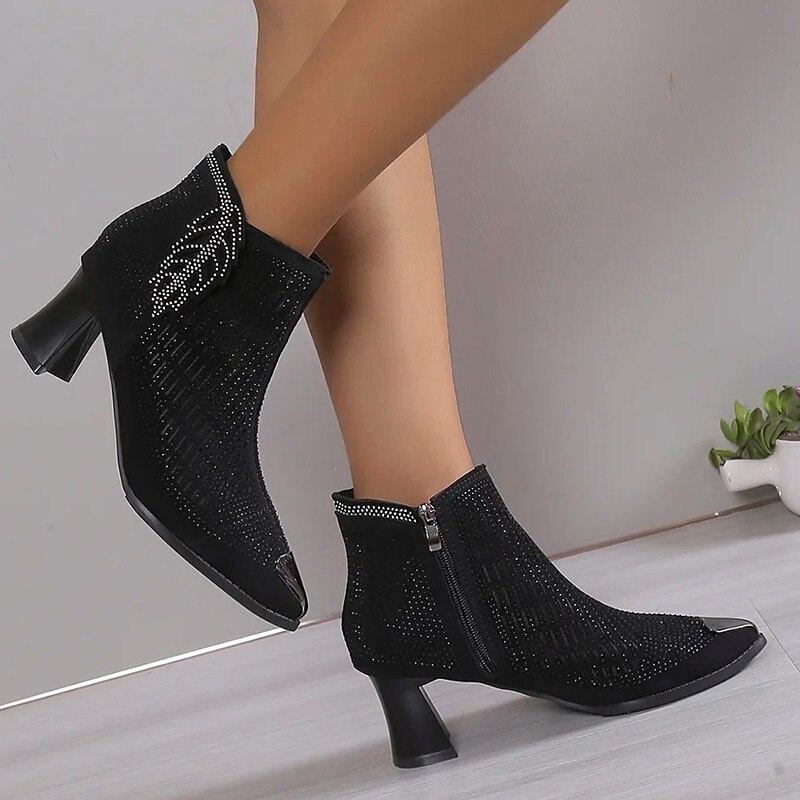 Women's Heels Boots Dress Shoes Sexy Shoes Party Club Cut-out Booties Ankle Boots Summer Rhinestone Zipper Chunky Heel Pointed Toe Business Sexy Glitter Mesh Zipper Black Grey 2023 - AED 193 –P4