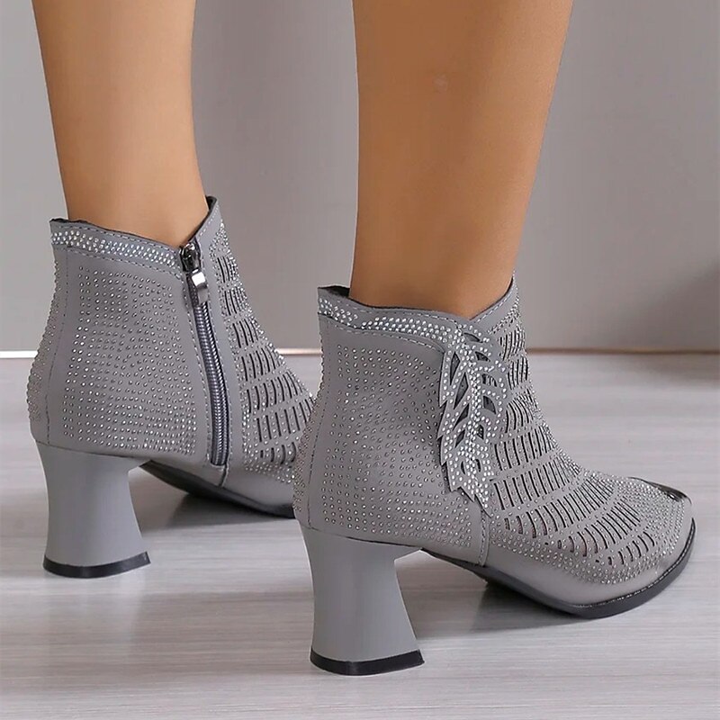 Women's Heels Boots Dress Shoes Sexy Shoes Party Club Cut-out Booties Ankle Boots Summer Rhinestone Zipper Chunky Heel Pointed Toe Business Sexy Glitter Mesh Zipper Black Grey 2023 - AED 193 –P8