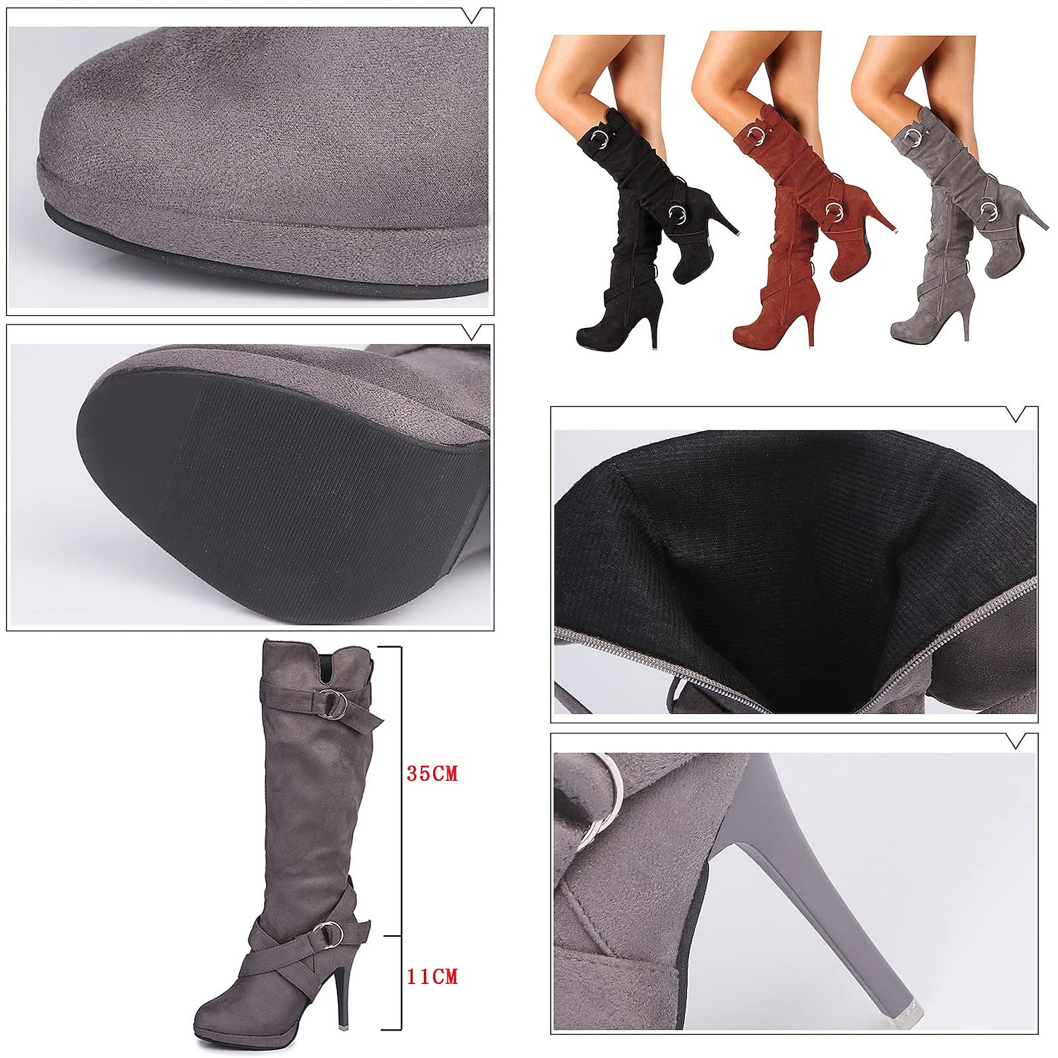 Dámské Boty Semišové boty Jehlové podpatky Slouchy boty Venkovní Denní Pevná barva Boty do lýtka Vysoký úzký Oblá špička Elegantní Vinobraní Sexy PU Zip Černá Šedá 2026 - $54.99 –P3