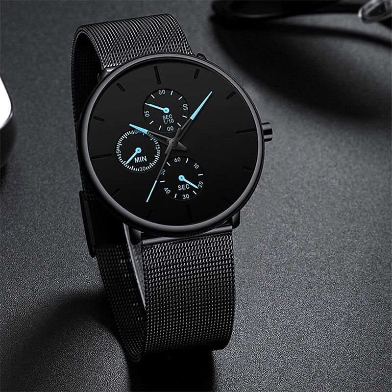 Fashion Mens Business Black Watches Luxury Stainless Steel Ultra