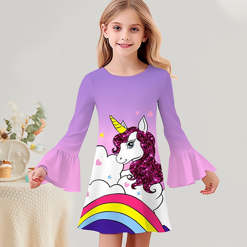 Girls' 3D Graphic Cartoon Unicorn Dress Long Sleeve 3D Print Summer Fall Vacation Sports & Outdoor Daily Cute Casual Beautiful Kids 3-12 Years Casual Dress A Line Dress Above Knee Regular Fit 2025 - $15.99 –P3