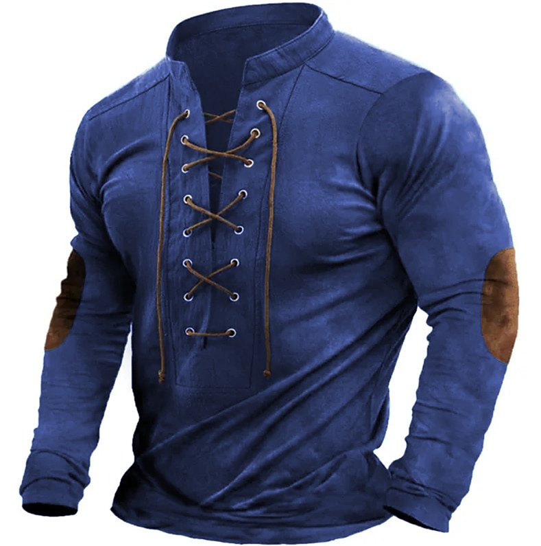 New Fashion Men's Hooded Tee Long Sleeve Cotton Henley T-Shirt Medieval Lace  Up V Neck