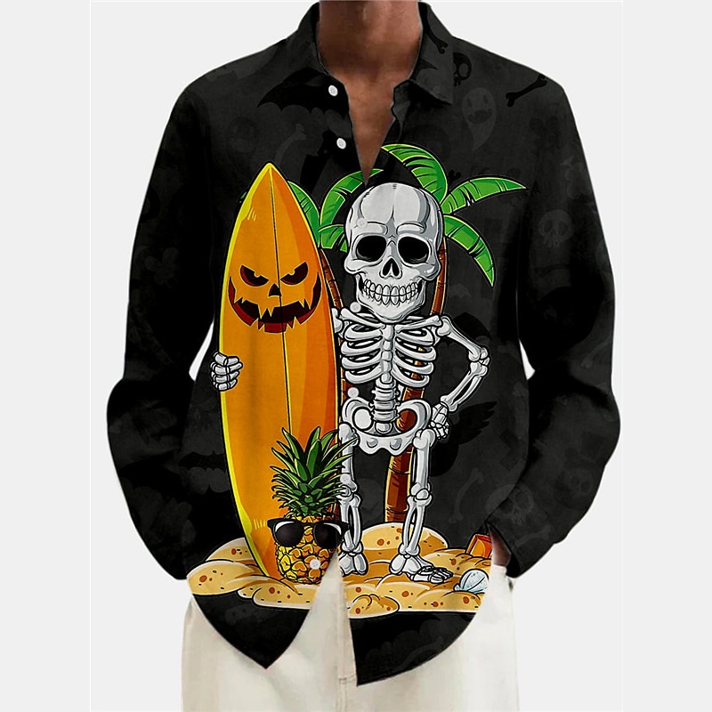 herrskjorta skalle pumpa grafiska tryck turndown svart gul röd lila utomhus halloween långärmat tryck kläder kläder mode streetwear designer casual 2025 - $25.99 –P2