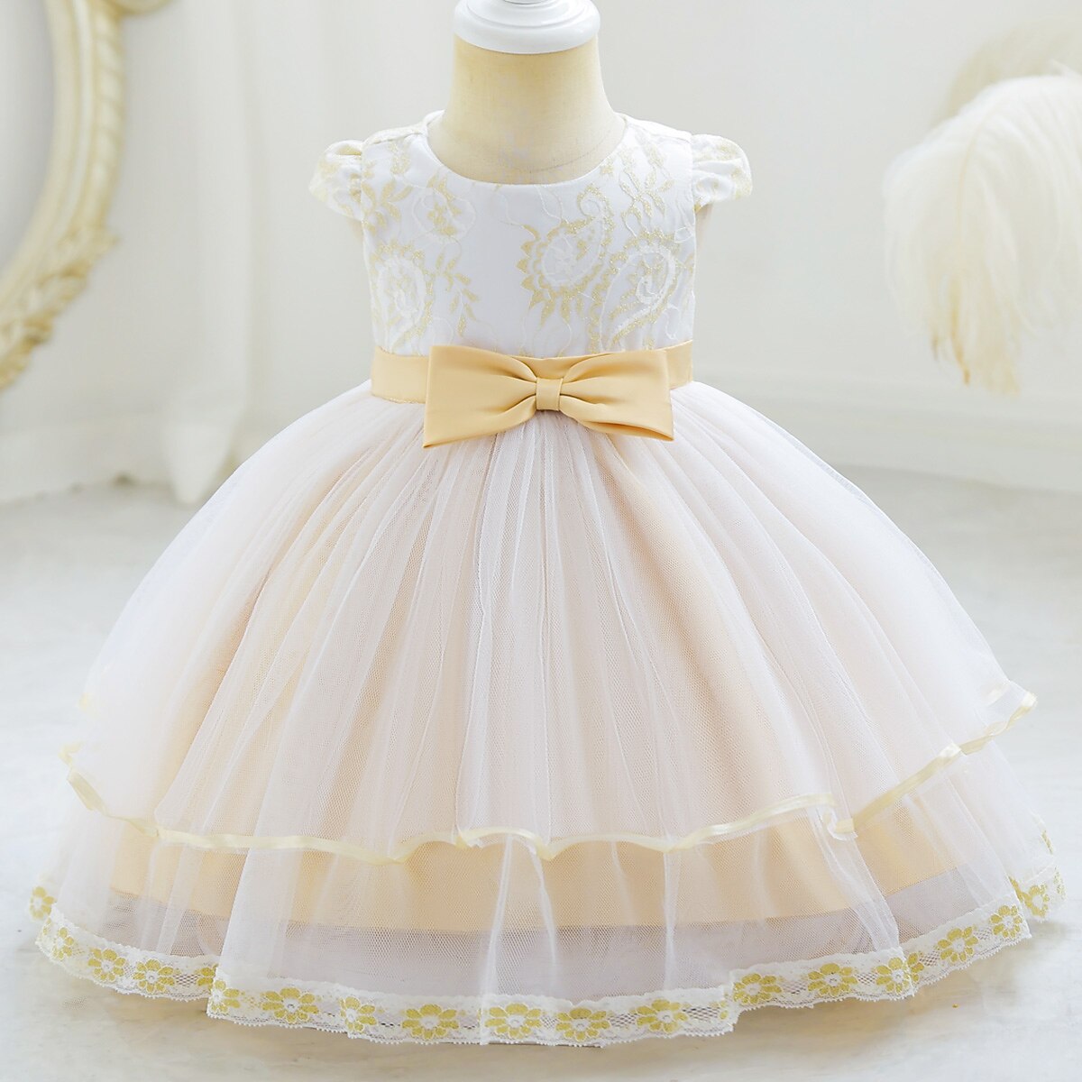 Kleid für Kleinkinder, Mädchen, Blume, ärmellos, Performance, Party, Netz, niedlich, Polyester, knielang, Tüllkleid, Sommer, Frühling, 0–3 Jahre, Gold 2025 - $33.99 –P3