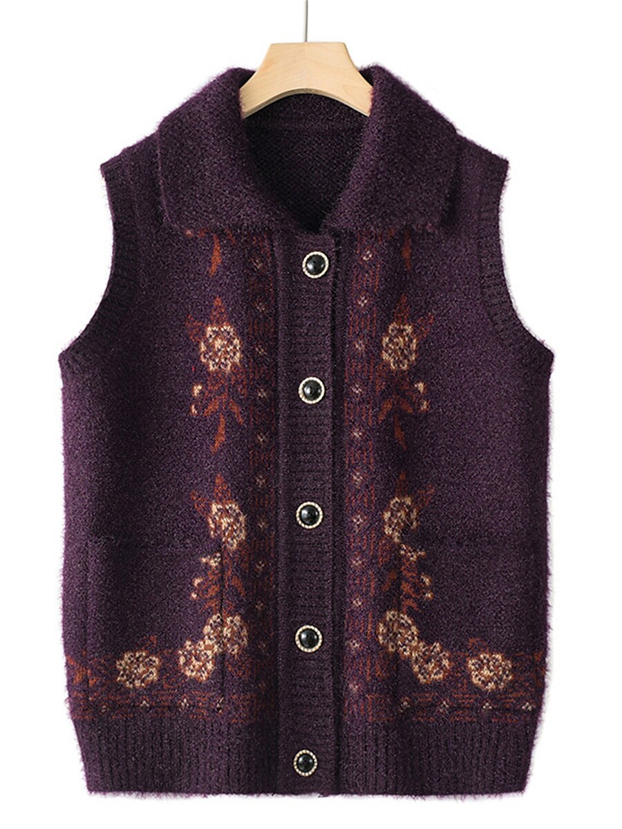 Women's Sweater Vest Shirt Collar Ribbed Knit Polyester Button Pocket Fall Winter Outdoor Daily Holiday Stylish Casual Soft Sleeveless Floral claret caramel colour Navy Blue 3XL reference 125-140 2023 - US $25.99 –P2