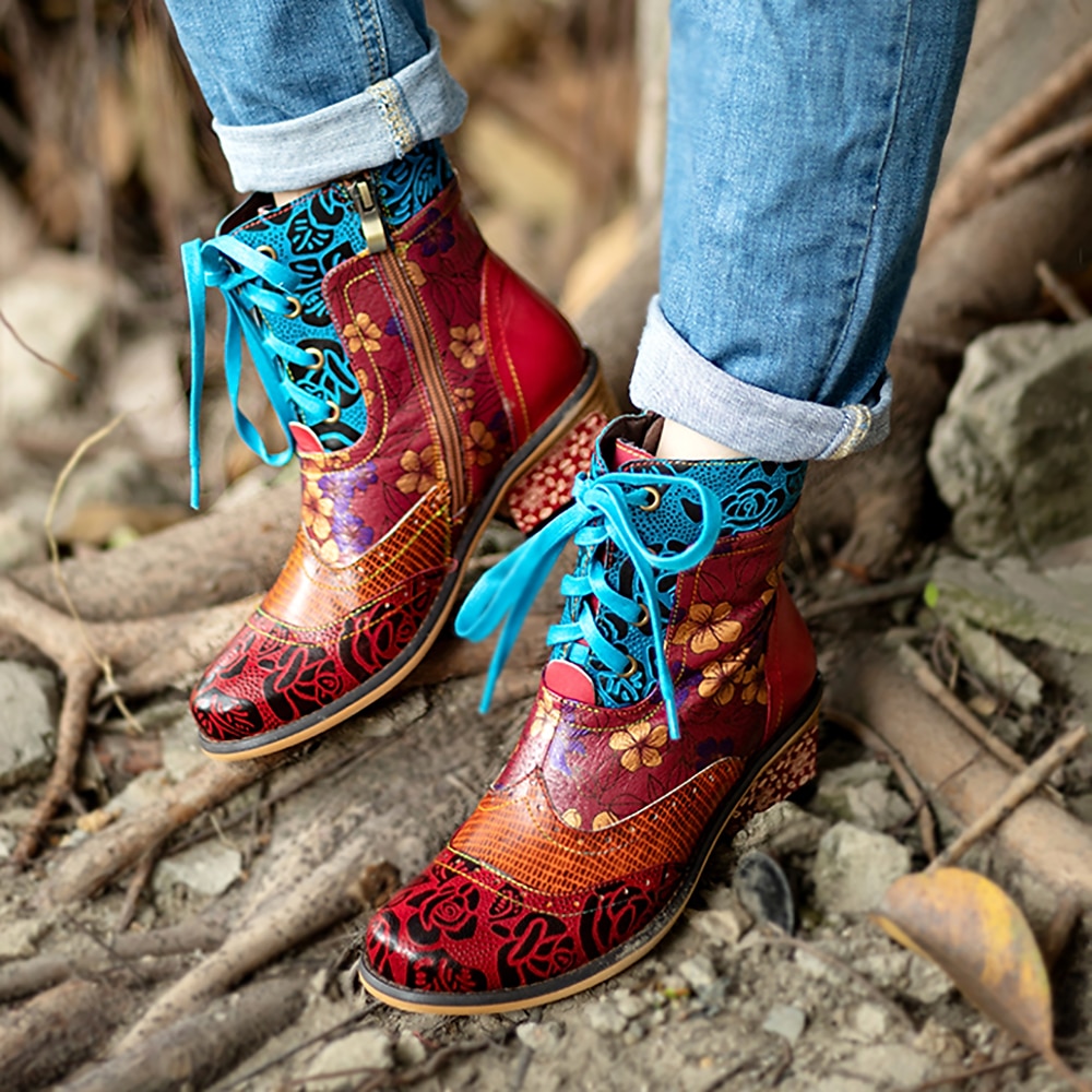 Botine de damă retro florale cu șireturi, cu fermoar, design colorat mozaic – stil casual și vintage pentru purtarea de zi cu zi 2025 - $94.99 –P10