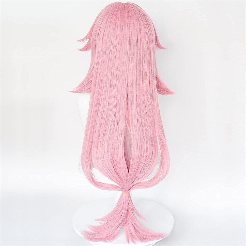 parrucca rosa per cosplay guuji yae miko capelli con frangia a coda di cavallo parrucca lunga riccia e soffice per festa di carnevale del 2025 a $26.99 –P5