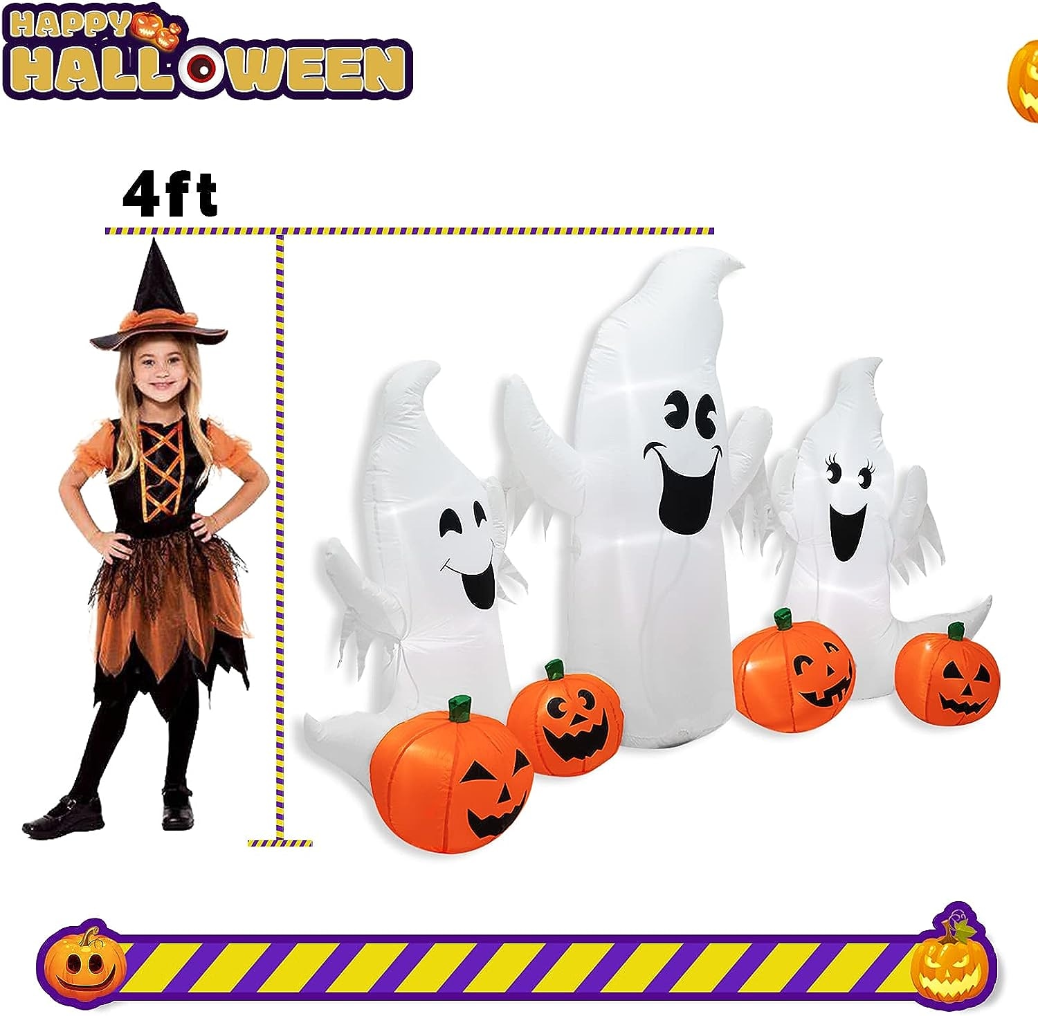 7FT Long Halloween Inflatable Lighted Ghosts and Pumpkins, 3 Ghosts Inflatables with Led Lights for Home Yard Lawn Indoor Halloween Outdoor Decoration 2026 - $66.99 –P4