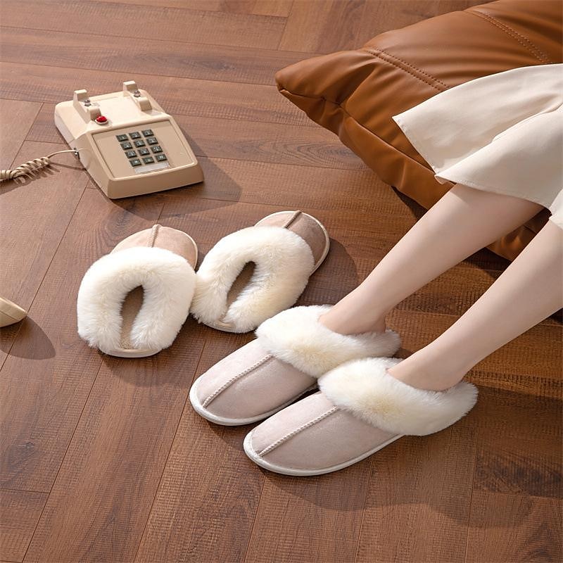 pantoufles confortables doublées de polaire pour femmes avec col en fausse fourrure - chaussures d'intérieur chaudes pour l'hiver en rose et gris de 2025 ? $19.99 –P8