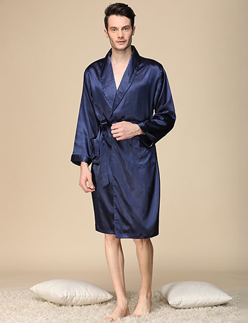 Men's Robe Silk Robe Sleepwear Plain Stylish Casual Comfort Home Daily Bed Faux Silk Comfort Summer Spring Silver Blue 2025 - $36.99 –P7