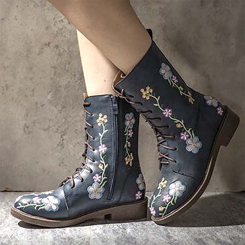 Women's Vintage Floral Embroidered Lace-Up Ankle Boots - Bohemian Style Leather Boots with Side Zipper for Fall and Winter 2025 - $42.99 –P5