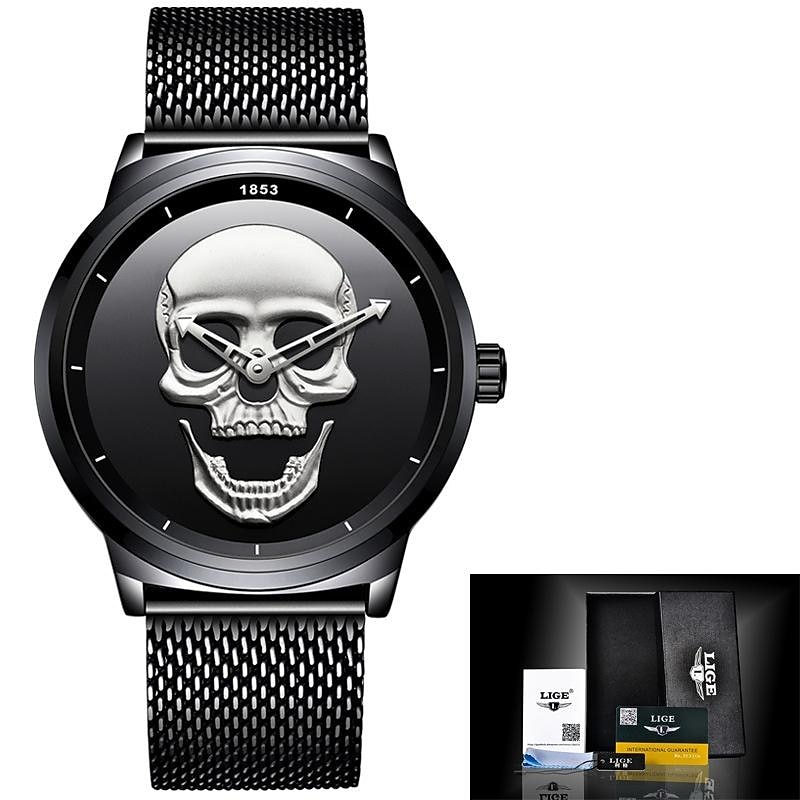 lige férfi kvarc óra 3d koponya vízálló rozsdamentes acél sport analóg kvarc óra férfi halloween dekorációs karóra díszdobozban 2025 - $39.99 -P9