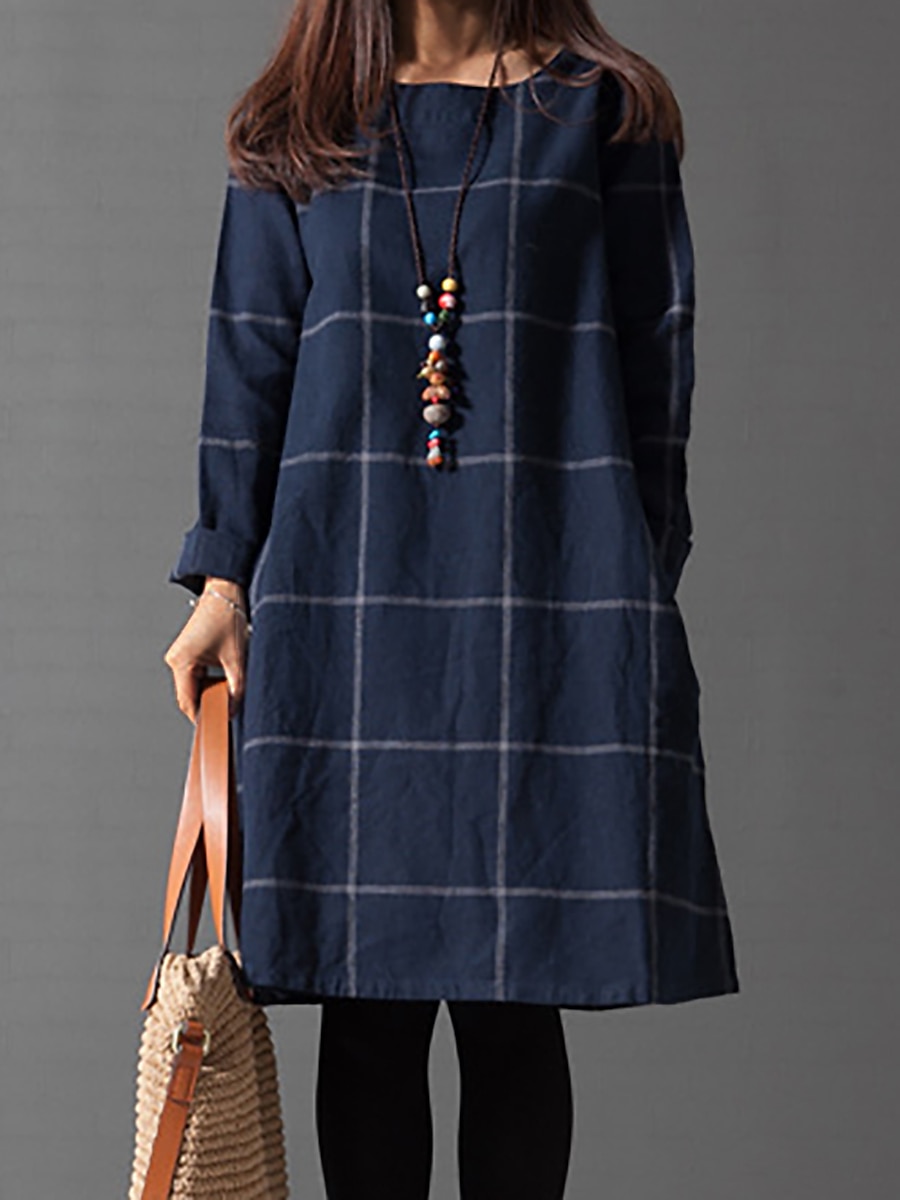 Women's Casual Dress Cotton Linen Dress Plaid Dress Midi Dress Polyester Basic Classic Outdoor Daily Vacation Crew Neck Pocket Print Long Sleeve Fall Winter Autumn 2023 Loose Fit Navy Blue Plaid L XL 2023 - US $19.49 –P1