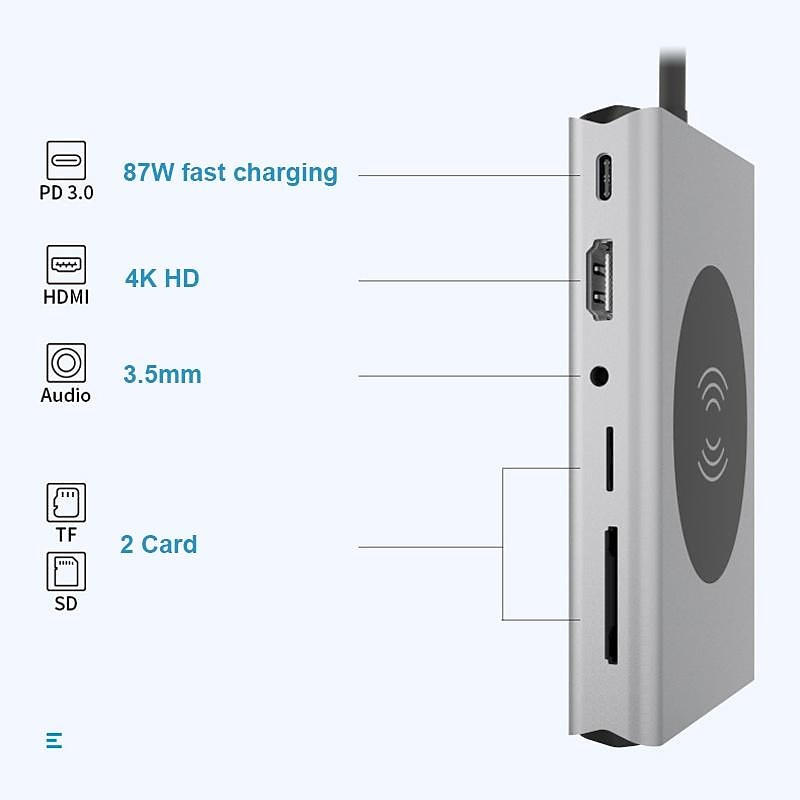 13 IN 1 USB C HUB Adapter with Wireless Charging USB C To HDMI 3.5mm Jack Audio SD TF HDMI VGA RJ45 USB3.0 Docking Station for MacbookPRO 2025 - $68.99 –P9