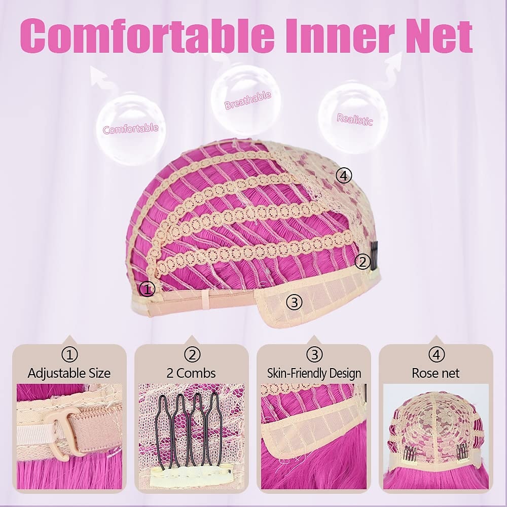 hete roze pruik met pony korte bob golvend krullend pruik schouderlengte hete roze pruiken voor vrouwen synthetisch haar kleurrijke pruik voor halloween kostuum cosplay 14 inch 2025 - $20.99 –P8