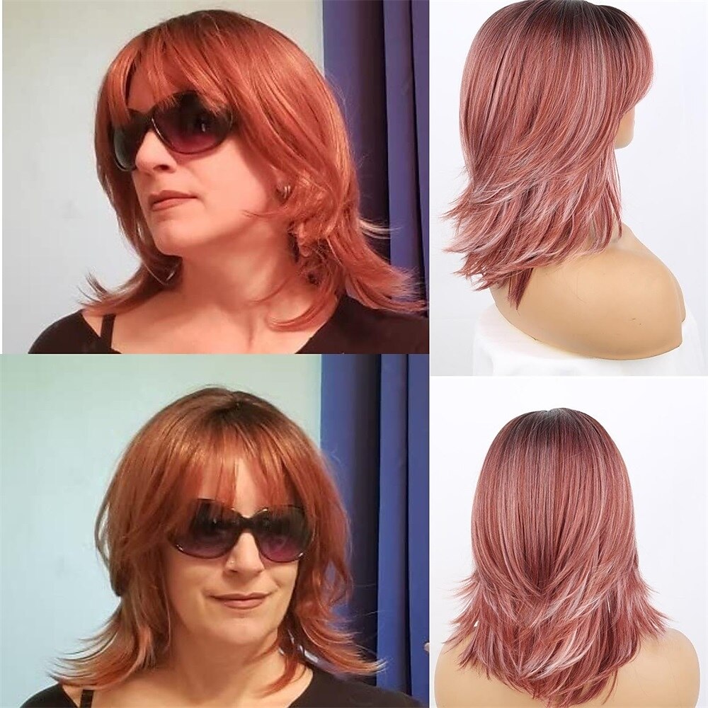peluca rosa ondulada en capas pelucas rosas cortas con flequillo para mujeres pelucas rosa ombre rizadas en capas de 14 pulgadas con raíces oscuras pelucas de reemplazo de cabello sintético de aspecto 2025 - $24.99 –P2