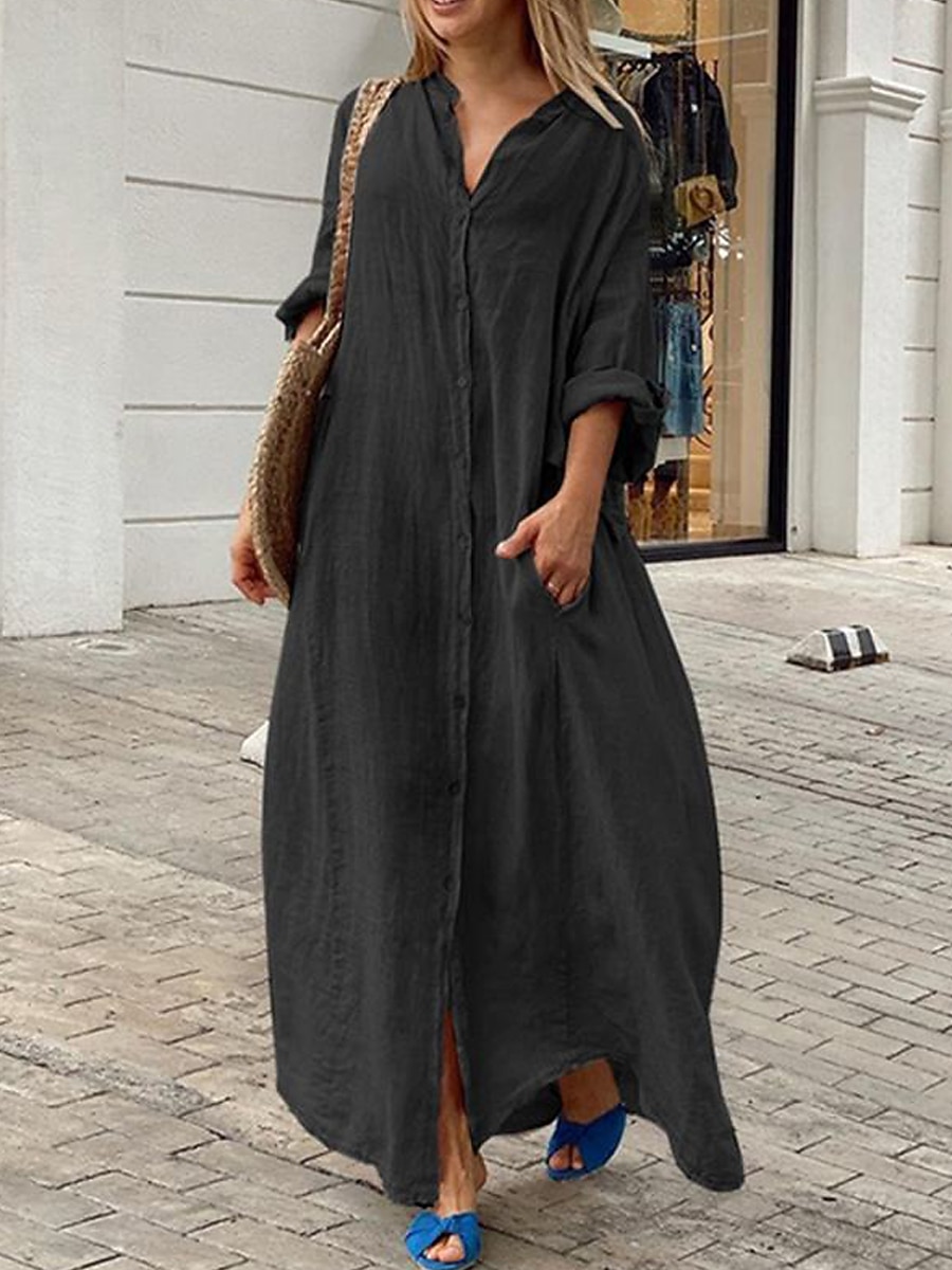 Femmes Noir Blanche Jaune Automne Robe Maxi Robe maxi Robes inspirées du lin Robe Blanche Robe noire Mode Quotidien Classique Extérieur Vacances Quotidien Coupe Ample Uni Col montant de 2025 ? $46.99 –P5