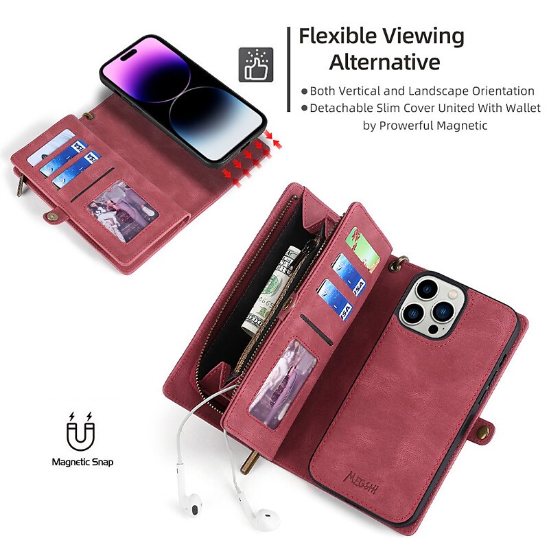 Phone Case For iPhone 15 Pro Max Plus iPhone 15 Pro Max 14 Plus 13 12 11 Pro Max Wallet Case Magnetic Zipper with Lanyard Solid Color TPU PC PU Leather 2025 - $34.99 –P8