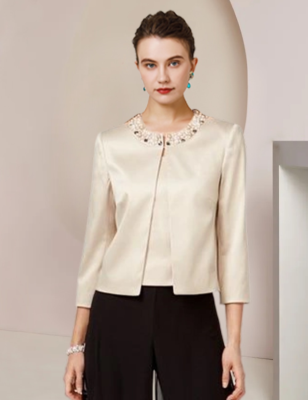 Jumpsuit / Pantsuit 3 Piece Mother of the Bride  Formal Wedding Guest Elegant Party Scoop Neck Floor Length Chiffon Satin Half Sleeve Wrap with Beading Split Front free custom size 2025 - $162.99 –P2