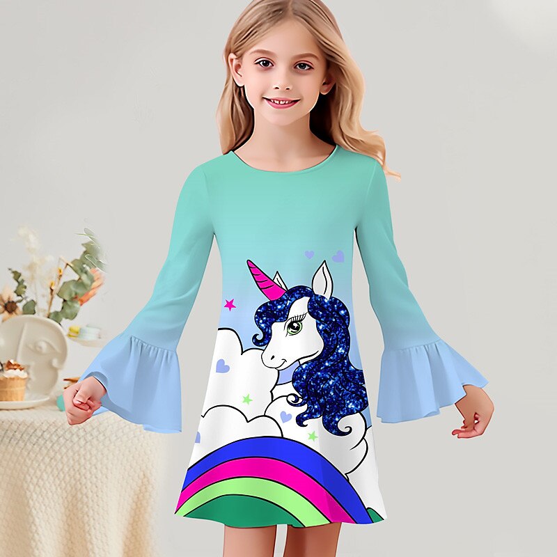 Girls' 3D Graphic Cartoon Unicorn Dress Long Sleeve 3D Print Summer Fall Vacation Sports & Outdoor Daily Cute Casual Beautiful Kids 3-12 Years Casual Dress A Line Dress Above Knee Regular Fit 2025 - $15.99 –P7