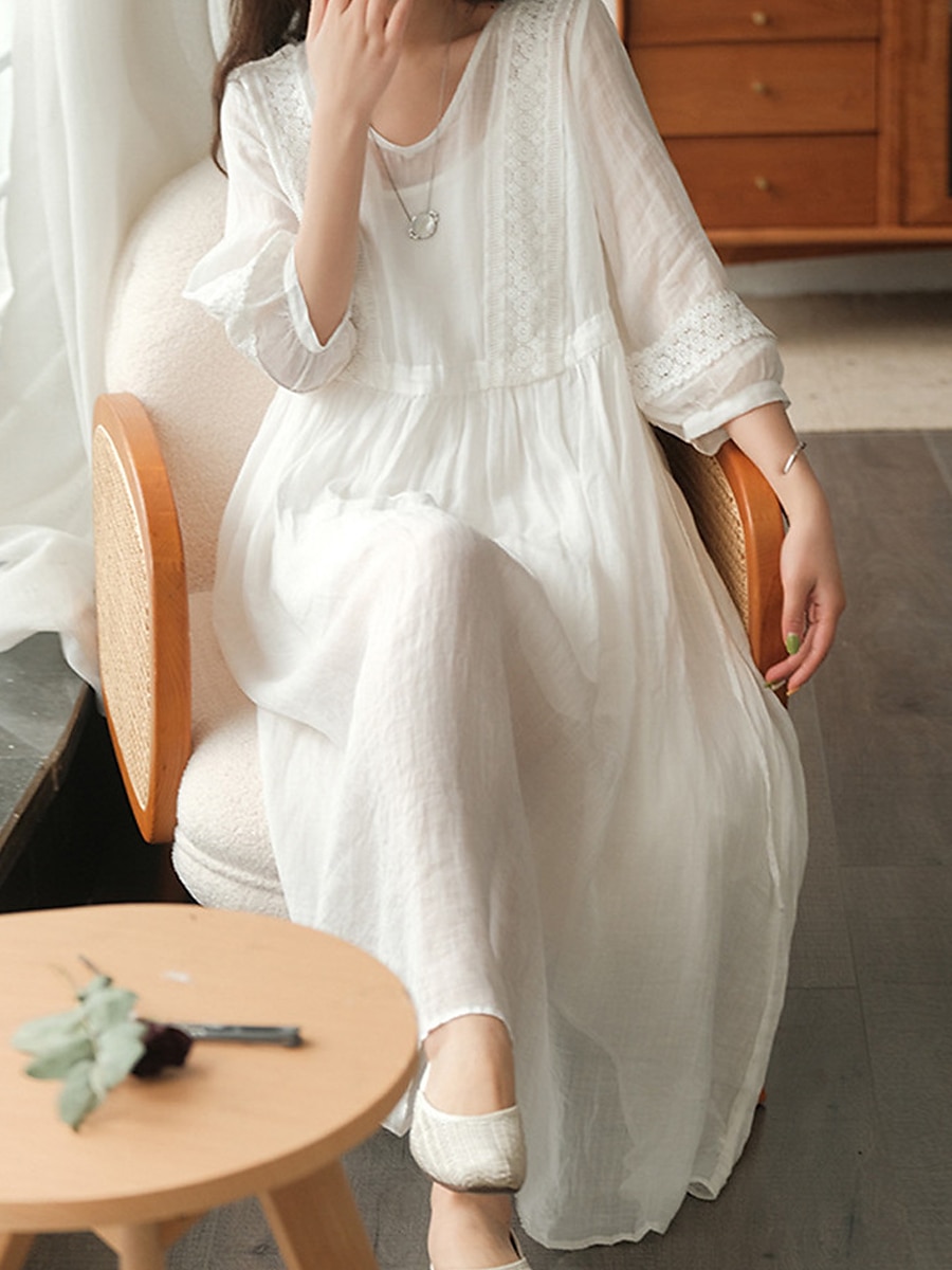 Femmes Noir Blanche Jaune Automne Robe maxi Robes inspirées du lin Robe Décontractée Basique Classique Occasionnel Extérieur Vacances Quotidien Coupe Ample Uni Col en V de 2025 ? $32.99 –P3