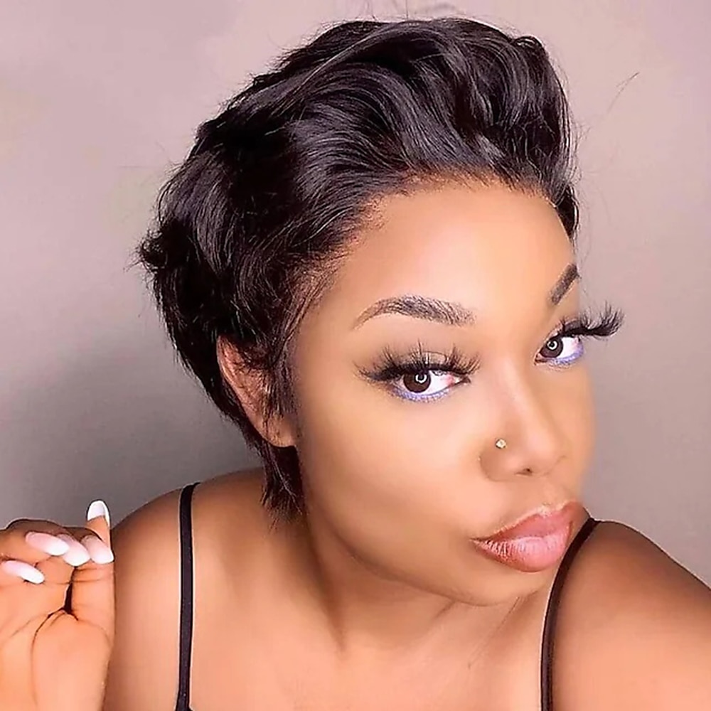 Cabello humano 13x4 frente de encaje corte pixie peluca onda bob frente de encaje transparente pelucas de cabello humano brasileño frontal de encaje pelucas para mujeres parte lateral peluca corta y 2025 - $87.99 –P5