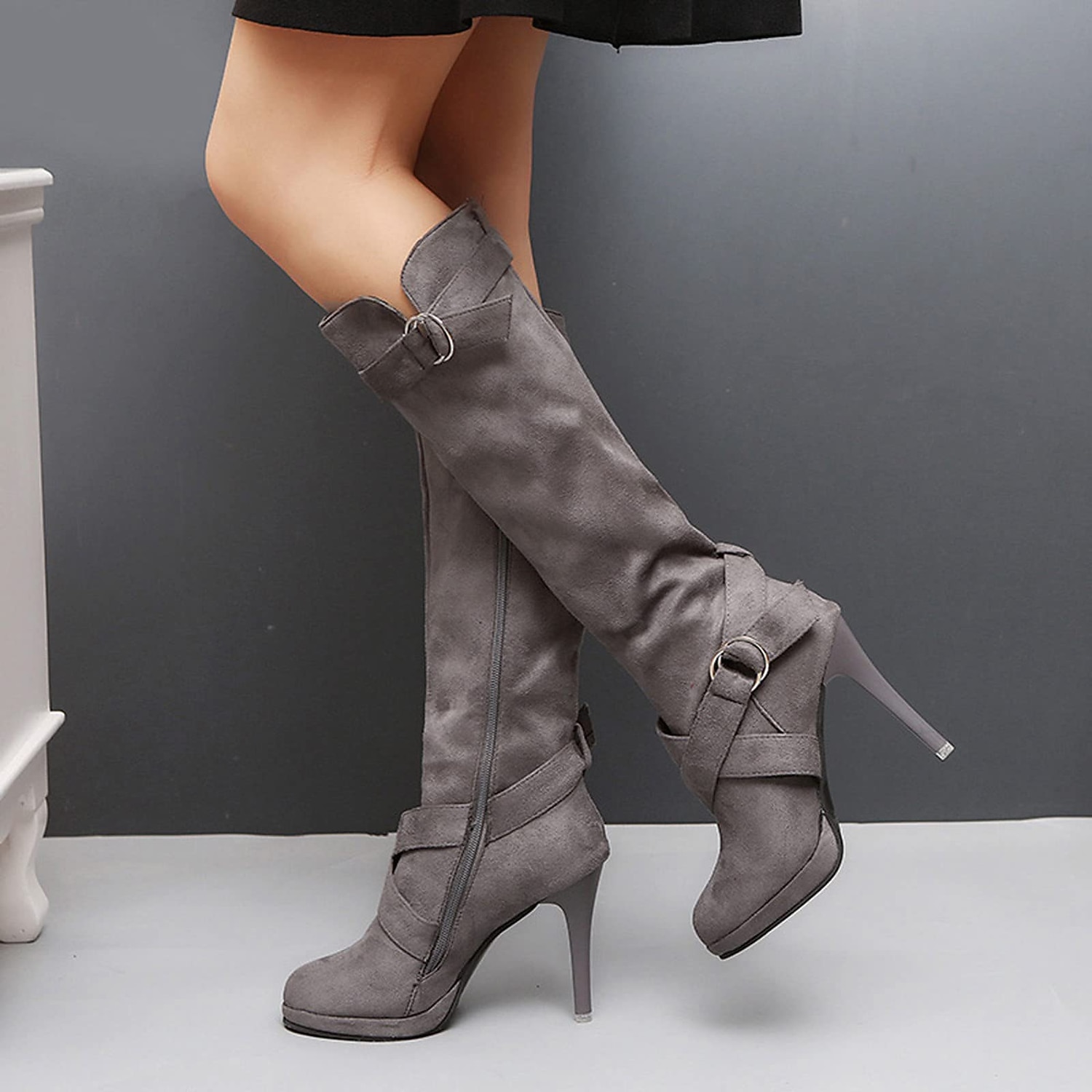 Dámské Boty Semišové boty Jehlové podpatky Slouchy boty Venkovní Denní Pevná barva Boty do lýtka Vysoký úzký Oblá špička Elegantní Vinobraní Sexy PU Zip Černá Šedá 2026 - $54.99 –P9