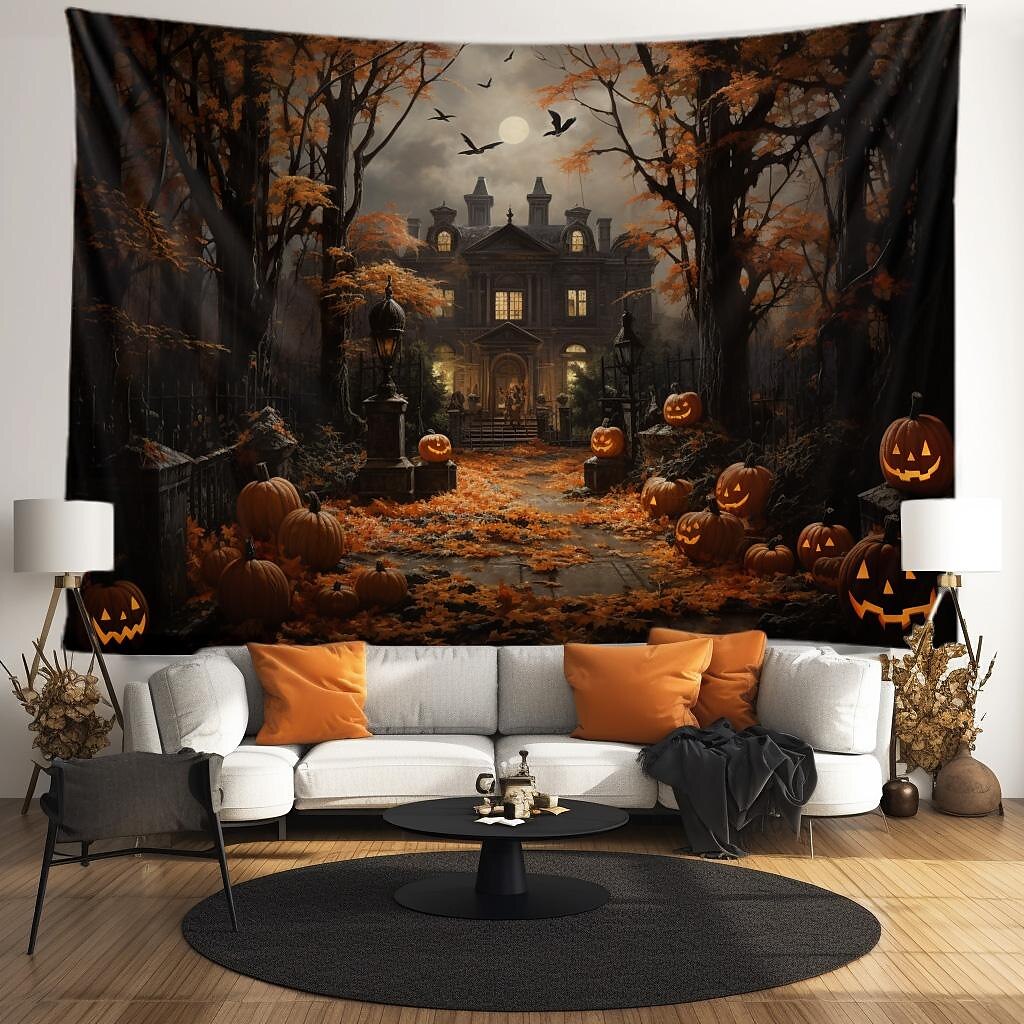 halloween dekorációk gobelin jack o lámpás tök dekor fal művészet nagy függő gobelin falfestmény fénykép háttér takaró függöny otthon hálószoba nappali denevérek kísértetjárta ház temető 2025 - $13.99 –P2