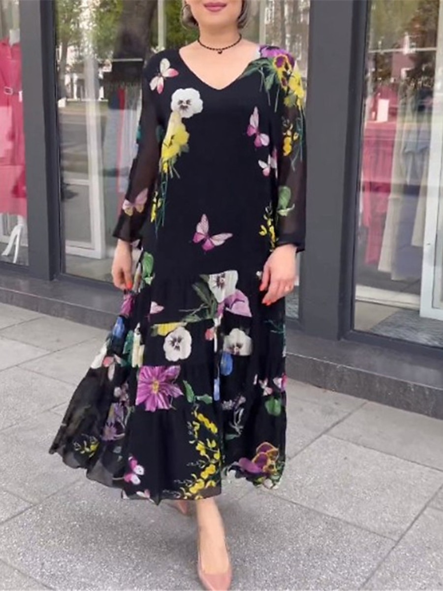 Femme Robe de bal robe soirée Invité de mariage Robe Imprimer Col V manche longue Floral robe hiver robe demoiselle d honneur Noir Printemps Hiver de 2025 ? $28.99 –P5