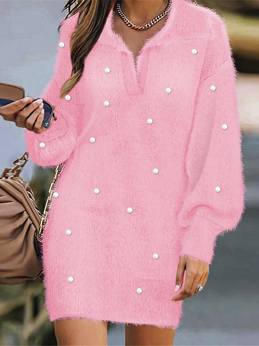 Women's Sweater Dress Winter Dress Jumper Dress Mini Dress Patchwork Daily Date Going out Active Fashion Shirt Collar Long Sleeve 2023 Loose Fit White Pink Color S M L XL Size 2023 - US $29.99 –P3