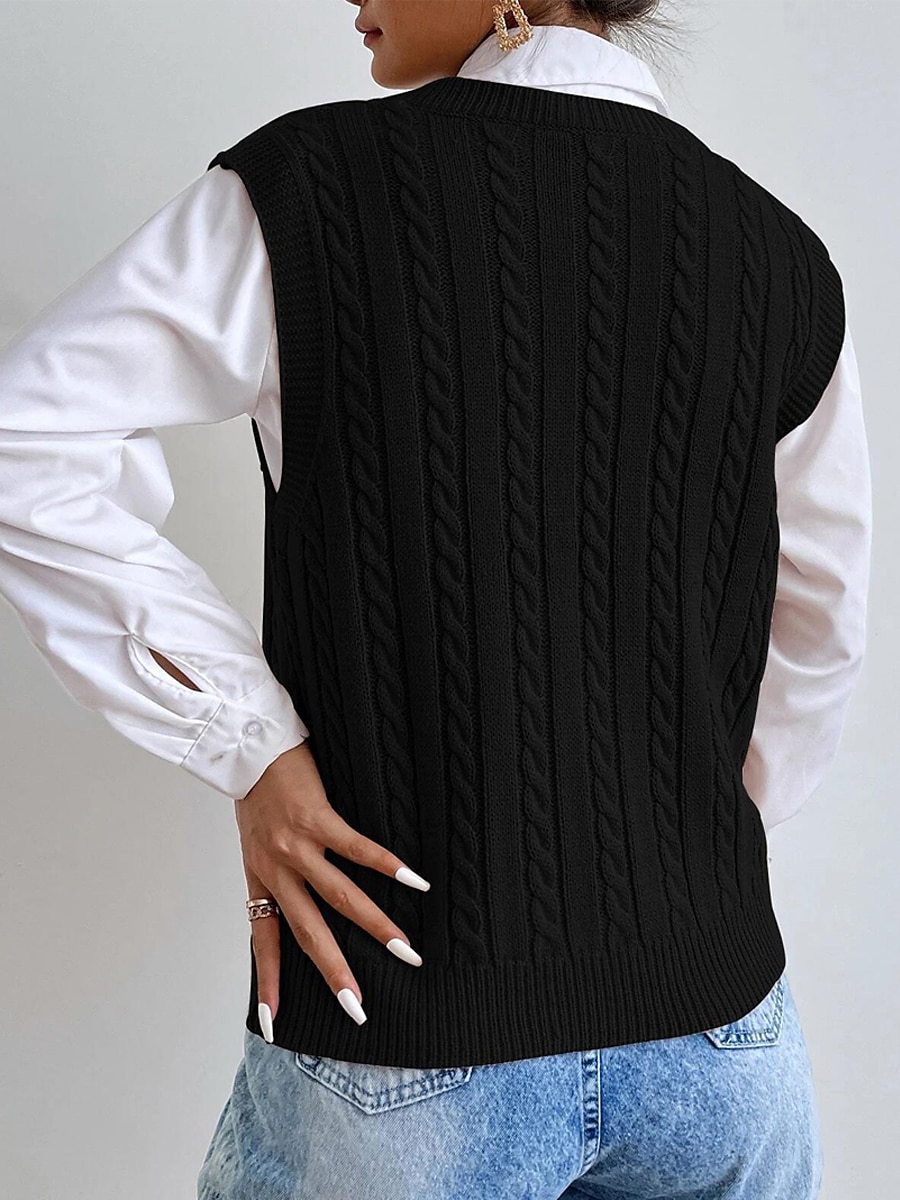 Women's Sweater Vest V Neck Ribbed Cable Knit Acrylic Patchwork Fall Winter Outdoor Daily Going out Stylish Casual Soft Sleeveless Solid Color Maillard Black Khaki S M L 2023 - US $27.99 –P8