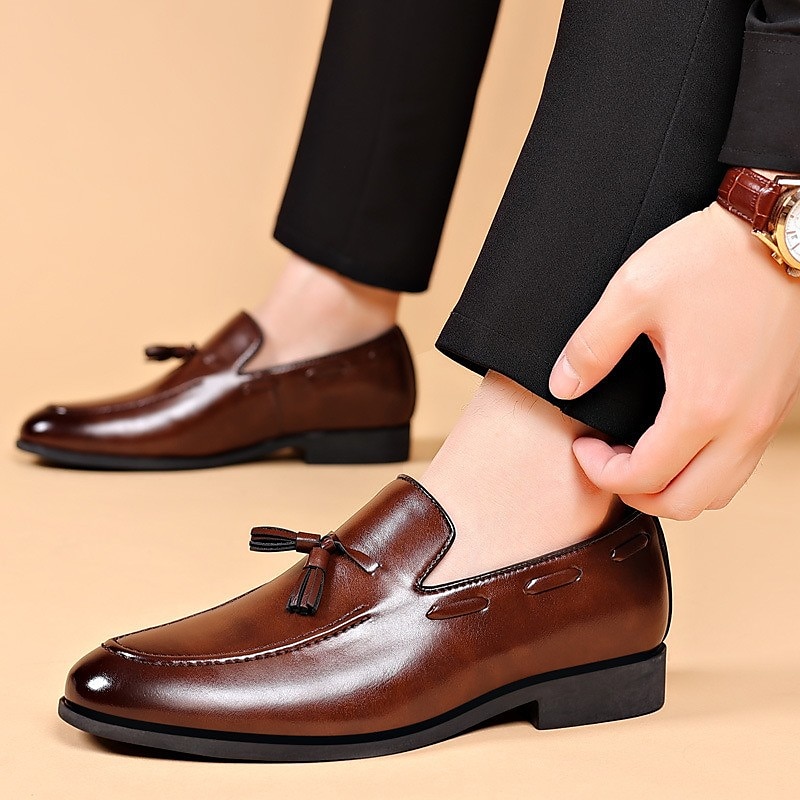pánské hnědé kožené střapcové mokasíny – klasické slip-on společenské boty pro podnikání, svatby a formální události 2025 - $46.99 –P3