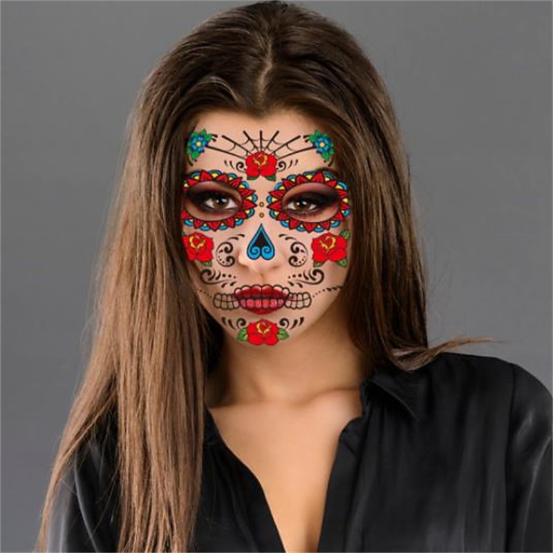 Halloweenské samolepky na tetování obličeje ke Dni mrtvých, dočasné tetování lebky s cukrem na obličej pro make-up ke Dni mrtvých, vtipná strašidelná dekorace obličeje na párty. 2025 - $7.99 –P6