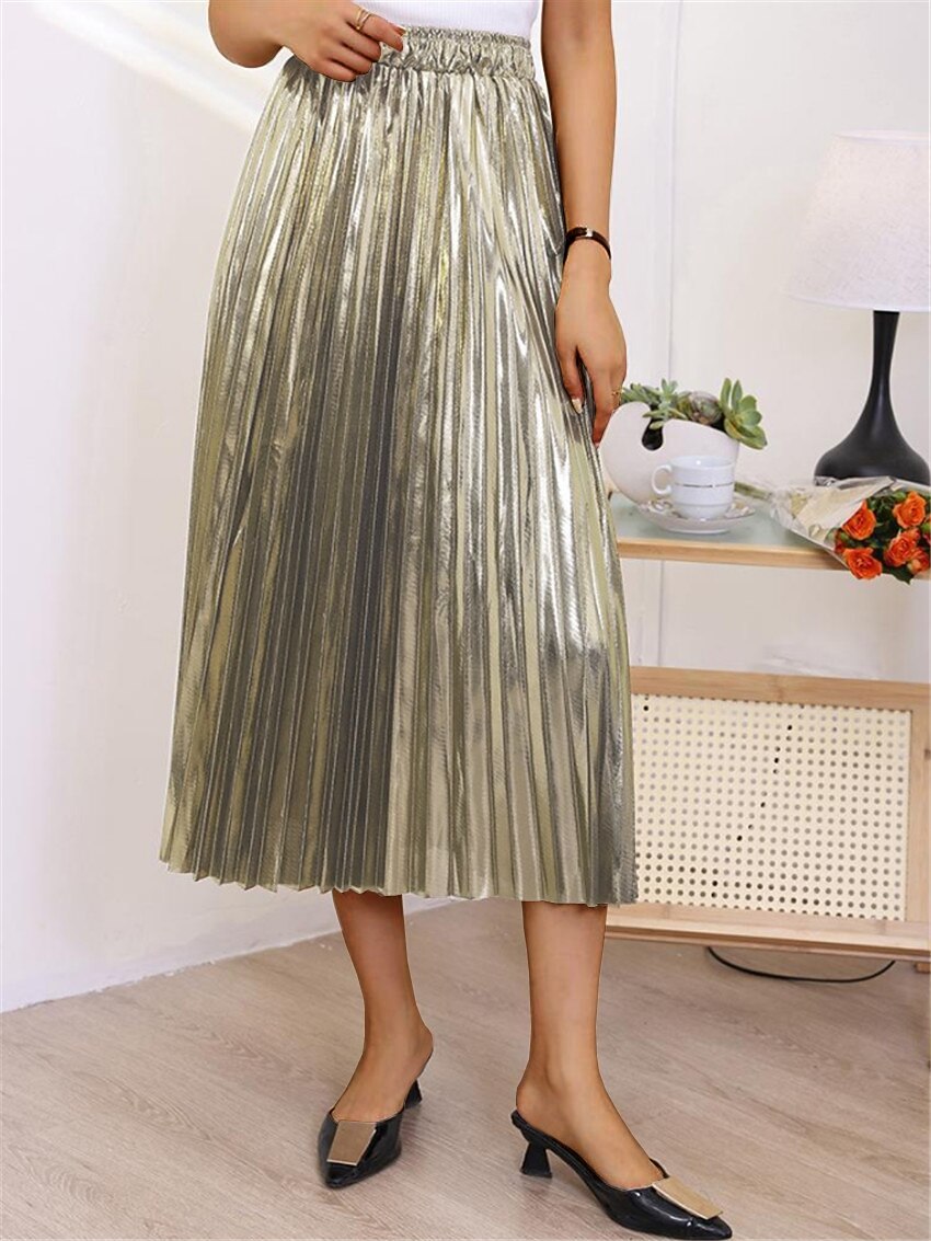 Per donna Altalena a dondolo Gonna lunga Medio Gonne A pieghe Metallizzato Lungo Tinta unita Scintillante Halloween Strada Per tutte le stagioni Poliestere Di tendenza Brillante Argento Nero Oro Oro del 2025 a $28.99 –P9