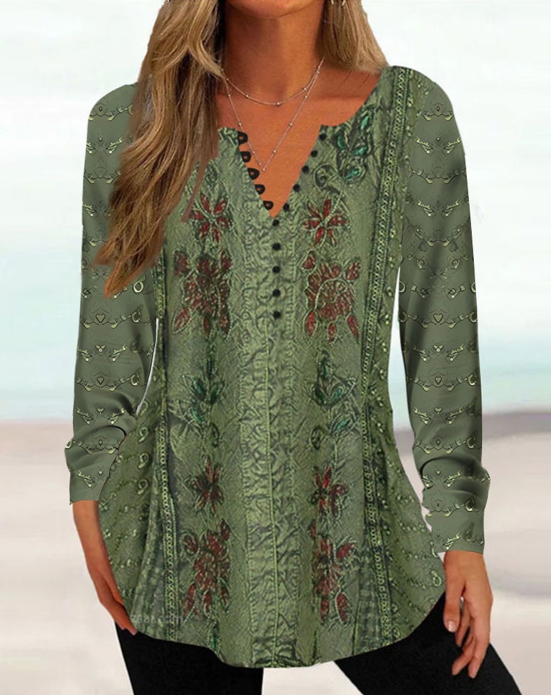 Kvinne Tunika Skjorte Henley Skjorte Bluse Tunika Basic Blomster Knappe Print Lang Erm Regular Tops Rund Hals Casual Ferie Gul Rosa Grønn Grå Lys Blå Vår Høst 2025 - $21.99 –P1