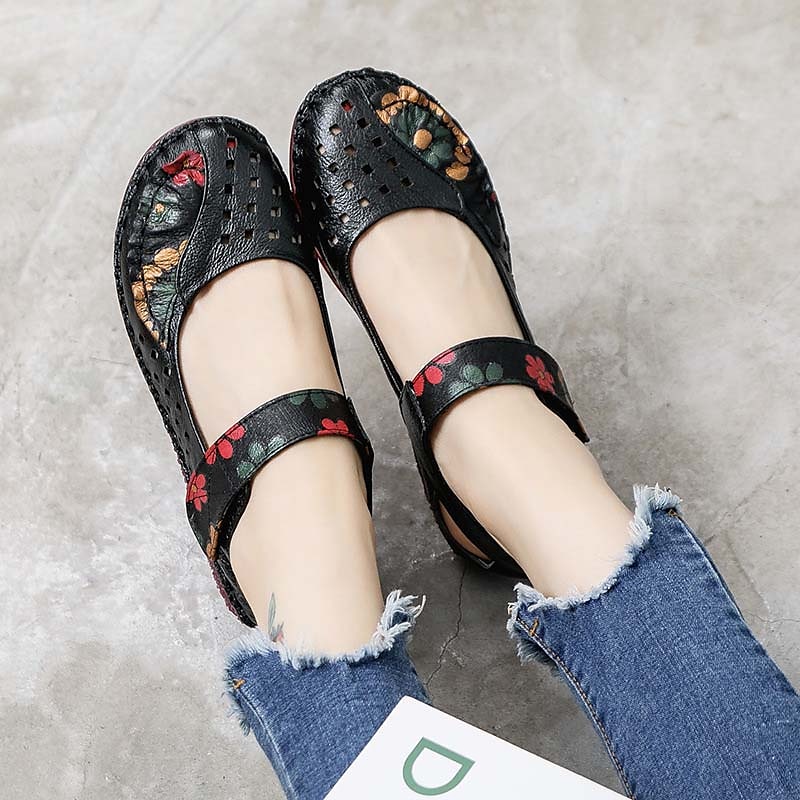 női piros bőr mezítlábas mary jane flats – hímzett virágos alkalmi kényelmes cipő tépőzáras pántokkal 2025 - $42.99 –P3